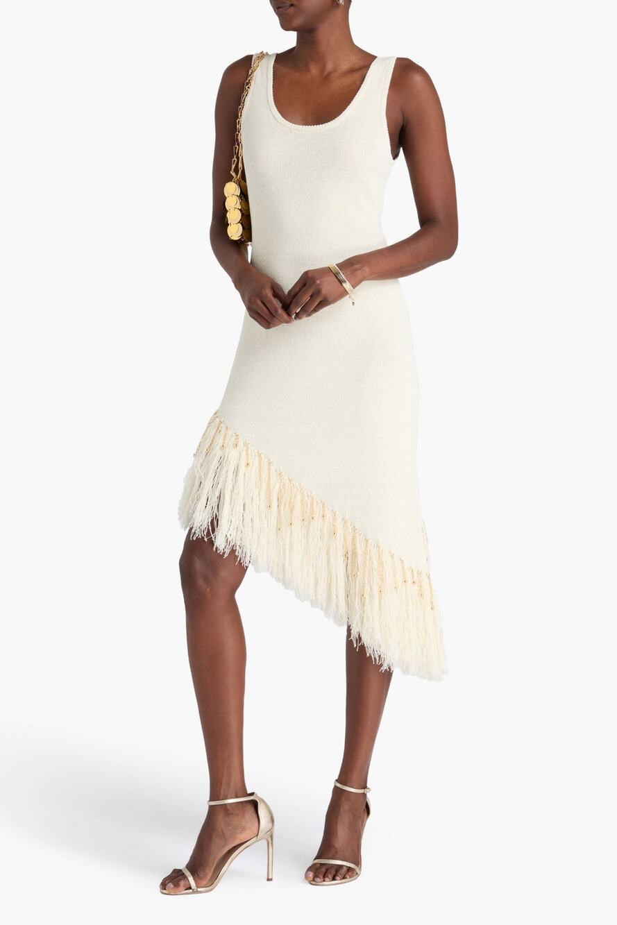 Rabanne Asymemetric Fringed Linen Midi Dress in Natural White L